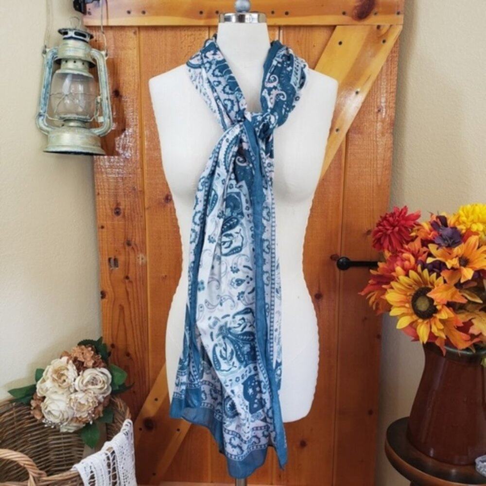 Hawaiian Paisley Rectangular Scarf Wrap Shawl Blue White